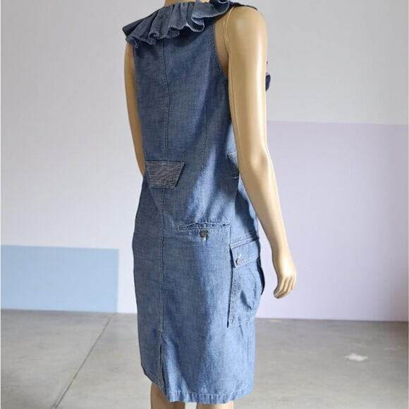 Lauren Ralph Lauren Chambray Denim Dress Size 14 Ruffle Lace Up Knee Length - Picture 3 of 10